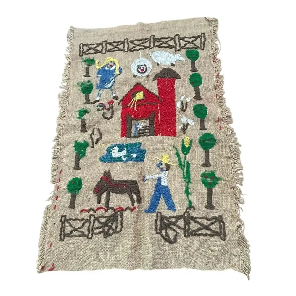 Vintage 1950s Handmade Primitive Farm Folk Art Embroidered Burlap Wall Hanging -